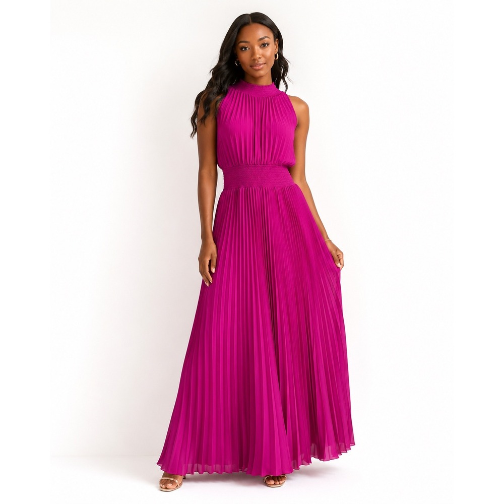 Marina Pleated Halter Maxi Dress Pink Formal Barbiecore Wedding Guest Size 12